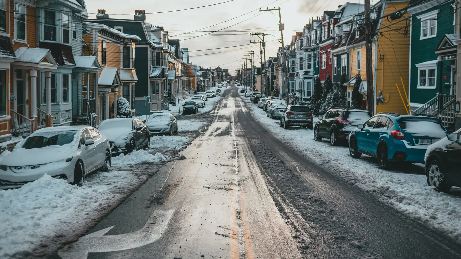 Snowy street lined with row houses and parked cars
